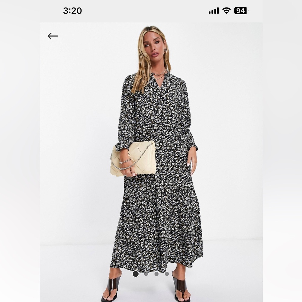 YAS Belima Printed tiered maxi dress in black and blue, M